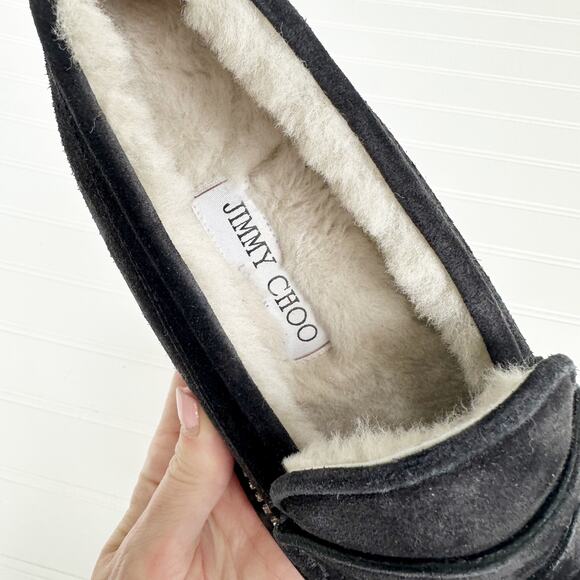 Jimmy Choo Deanna Shearling Lined Black Suede Crystal Loafers Slip On 37 - Picture 3 of 9